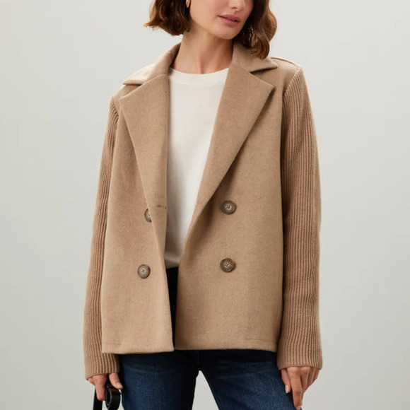 Splendid Camel Double Breasted Sweater Jacket LARGE Felted Boxy Coat Wool $178 - Picture 1 of 12